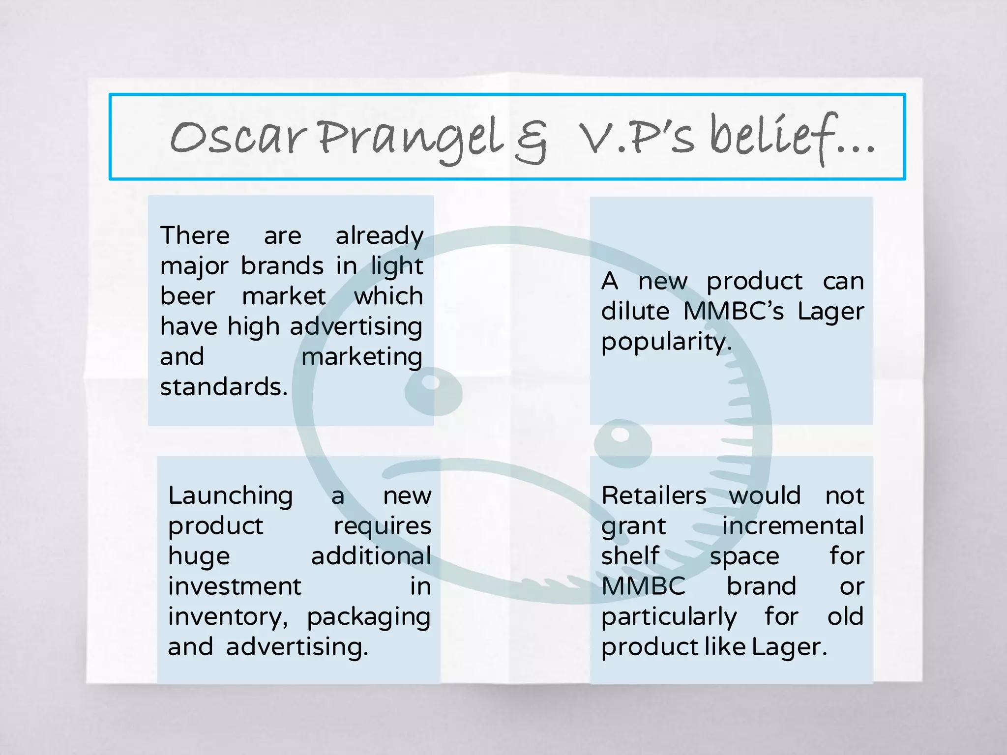 Retailers would not
grant incremental
shelf space for
MMBC brand or
particularly for old
product like Lager.
Launching a new
product requires
huge additional
investment in
inventory, packaging
and advertising.
A new product can
dilute MMBC’s Lager
popularity.
There are already
major brands in light
beer market which
have high advertising
and marketing
standards.
Oscar Prangel & V.P’s belief…
 