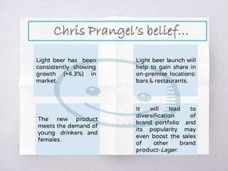 It will lead to
diversification of
brand portfolio and
its popularity may
even boost the sales
of other brand
product-Lager.
The new product
meets the demand of
young drinkers and
females .
Light beer launch will
help to gain share in
on-premise locations:
bars & restaurants.
Light beer has been
consistently showing
growth (+4.3%) in
market.
Chris Prangel’s belief…
 