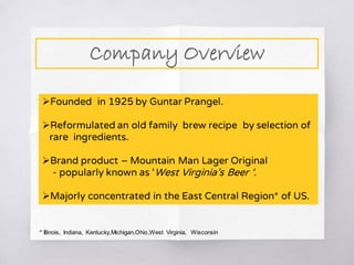 Company Overview
Founded in 1925 by Guntar Prangel.
Reformulated an old family brew recipe by selection of
rare ingredients.
Brand product – Mountain Man Lager Original
- popularly known as ‘West Virginia’s Beer ‘.
Majorly concentrated in the East Central Region* of US.
* Illinois, Indiana, Kentucky,Michigan,Ohio,West Virginia, Wisconsin
 