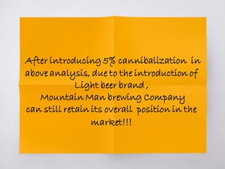 After introducing 5% cannibalization in
above analysis, due to the introduction of
Light beer brand ,
Mountain Man brewing Company
can still retain its overall position in the
market!!!
 