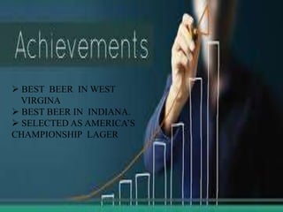  BEST BEER IN WEST
VIRGINA
 BEST BEER IN INDIANA.
 SELECTED AS AMERICA’S
CHAMPIONSHIP LAGER
 