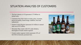 SITUATION ANALYSIS OF CUSTOMERS
• The beer industry in US generates $ 75 Billion in
annual sales.
• Customers base their choice on taste, price, occasion,
perceived quality, brand image, tradition, local and
authenticity
• Eastern Central Region represents $13 billion in annual
sales out of $75 billion.
• Mountain Man counts with 81% male drinkers,
thusneglects Female market segment
• Female market segment which represents 32% of
theTAM of domestic premium beer.
 