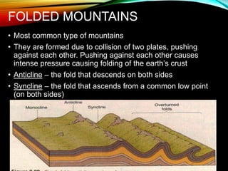 FOLDED MOUNTAINS
• Most common type of mountains
• They are formed due to collision of two plates, pushing
against each other. Pushing against each other causes
intense pressure causing folding of the earth’s crust
• Anticline – the fold that descends on both sides
• Syncline – the fold that ascends from a common low point
(on both sides)
 
