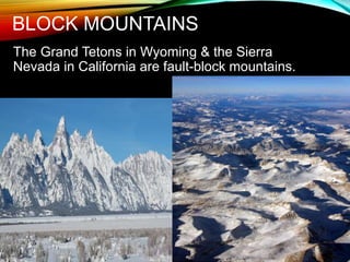 BLOCK MOUNTAINS
The Grand Tetons in Wyoming & the Sierra
Nevada in California are fault-block mountains.
 