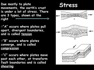 Due mostly to plate
movements, the earth’s crust
                                  Stress
is under a lot of stress. There
are 3 types, shown at the
right

o“A” occurs where plates pull
apart, divergent boundaries,
and is called tension

o“B” occurs where plates
converge, and is called
compression

o“C” occurs where plates move
past each other, at transform
fault boundaries and is called
shearing
 