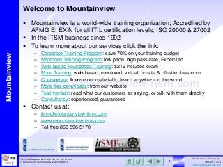 Welcome to Mountainview

Mountainview

 Mountainview is a world-wide training organization; Accredited by
APMG EI EXIN for all ITIL certification levels, ISO 20000 & 27002
 In the ITSM business since 1992
 To learn more about our services click the link:
–
–
–
–
–
–
–
–

Corporate Training Program: save 70% on your training budget
Mentored Training Program: low price, high pass-rate, Expert-led
Web-based Foundation Training: $219 includes exam
More Training: web-based, mentored, virtual, on-site & off-site classroom
Courseware: license our material to teach anywhere in the world
More free downloads: from our website
Testimonials: read what our customers as saying, or talk with them directly
Consultancy: experienced, guaranteed

www.mountainview-itsm.com

 Contact us at:
– itsm@mountainview-itsm.com
– www.mountainview-itsm.com
– Toll free 866 596-5170

ITIL ® is a Registered Trade Mark of the Office
o f Government Commerce & Cabinet Office

1

Mountainview © Copyright
Version 3.11.4
www.mountainview-itsm.com

 