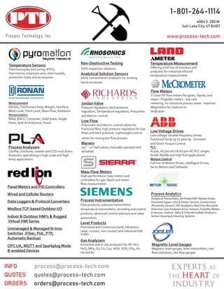 Temperature Sensors
Thermocouples and wiring, RTD’s,
thermistors, extension wire, thermowells,
protection tubes and accessories.
Mass Flow Meters
High-performance mass meters and
controllers for gas, liquid and steam
Temperature Measurement
analyzers for industrial infrared
temperature measurement.
Magnetic Level Gauges
Magnetic level gauges, level transmitters, site-
Flow Meters
steam. Propeller meters - low cost
metering, for industrial process water. Insertion.
Magmeters for medium to
large pipe.
Process Instrumentation
Flow products, pressure transmitters,
temperature transmitters, recording and control
products, advanced control solutions and valve
automation.
Level Products
Point level and Continuous level, Ultrasonic,
radar, contact, non-contact and industrial belt
scales
Gas Analyzers
Extractive and in-situ analyzers for HF, HCI,
H2O, NH3, O2, Co, Co2, NOX, SOX, CH4, H2
He and Ar.
Process Analytics
JordanValve
Pressure regulators, back-pressure
regualtors,Temperature regulators, Pneuamtic
and electric control.
Low Flow
Pneumatic and electric control valves for
Marwin
1/4” - 12” ball valves, manually operated and
actuated.
Non-DestructiveTesting
ToFD inspection solutions
Analytical Solution Sensors
Inline concentration analyzers for existing
liquid processes.
LowVoltage Drives
Low voltage variable frequency drives.
Fractional horse up to 3000 hp. Constant
and DirectTorque Control.
Panel Meters and PID Controllers
Wired and Cellular Routers
Data Loggers & Protocol Converters
ModbusTCP-based Outdoor I/O
Indoor & Outdoor HMI’s & Rugged
VIrtual HMI Series
Unmanaged & Managed N-tron
Switches (Fiber, PoE, PTP,
Automatic Backup)
OPC UA, MQTT and Sparkplug Mode
B-enabled Devices
Process Analyzers
Analyzers specializing in high-scale and high-
temp applications.
Analytical Transmitters, pH Probe/ORP (Redox) Probe,
Dissolved Oygen, CO2 & Ozone Sensors, Conductivity
/Resistivity Sensors, TOC Analyzers, Real Time Microbial
Detection, Gas Analyzers & Gas Sensors, Turbidity Meters
& Sensors, Sodium, Silica & Chloride/Sulfate Analyzers,
Sensor Housing & Cleaning Systems.
PLC
Ac500, AC500-eCo & AC500-XC PLC ranges.
Small, Middle and High End applications.
Motion Control
Full line of Motion Drives, Intelligent Drives,
Servo Motors and Software.
Measurement
Density, Continuous level, Weight, Interface,
Mold Level, Point Level, Mass Flow, Radiation
Annunciators
Relay Alarm, Computer, Solid State, Single
Point, Split Architecture, Visual
 