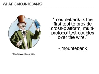 WHAT IS MOUNTEBANK?
“mountebank is the
first tool to provide
cross-platform, multi-
protocol test doubles
over the wire.”
- mountebank
6
http://www.mbtest.org/
 