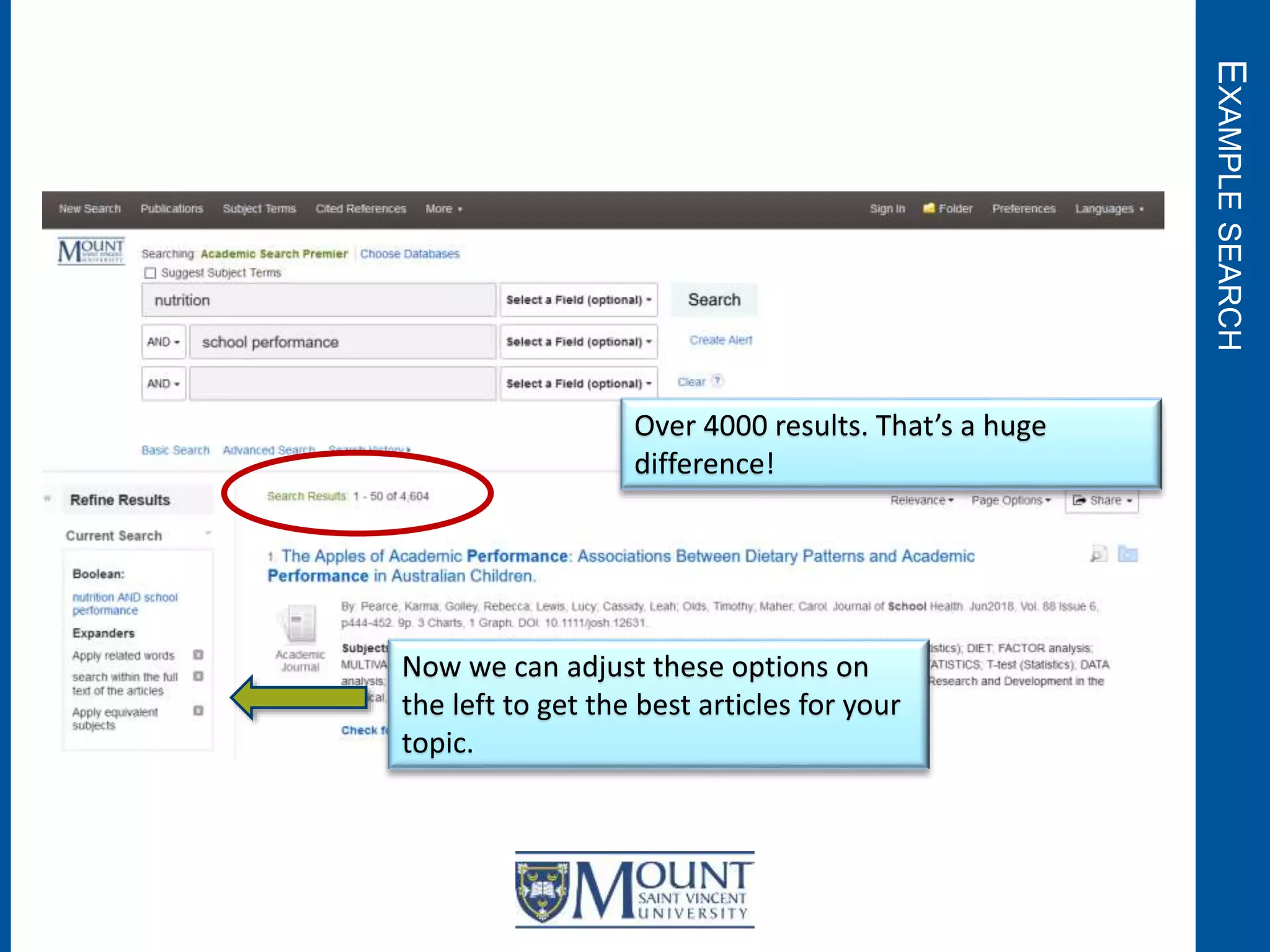 EXAMPLESEARCH
Over 4000 results. That’s a huge
difference!
Now we can adjust these options on
the left to get the best articles for your
topic.
 