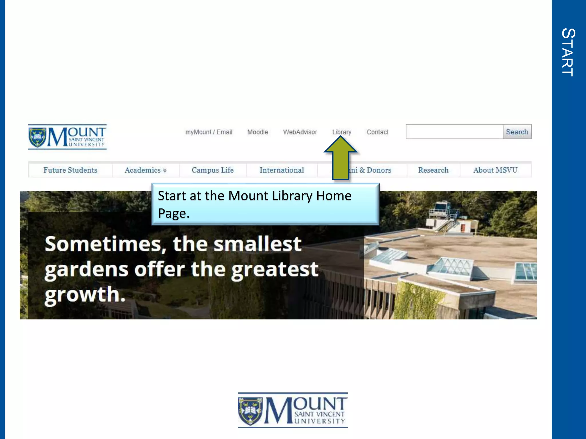 START
Start at the Mount Library Home
Page.
 