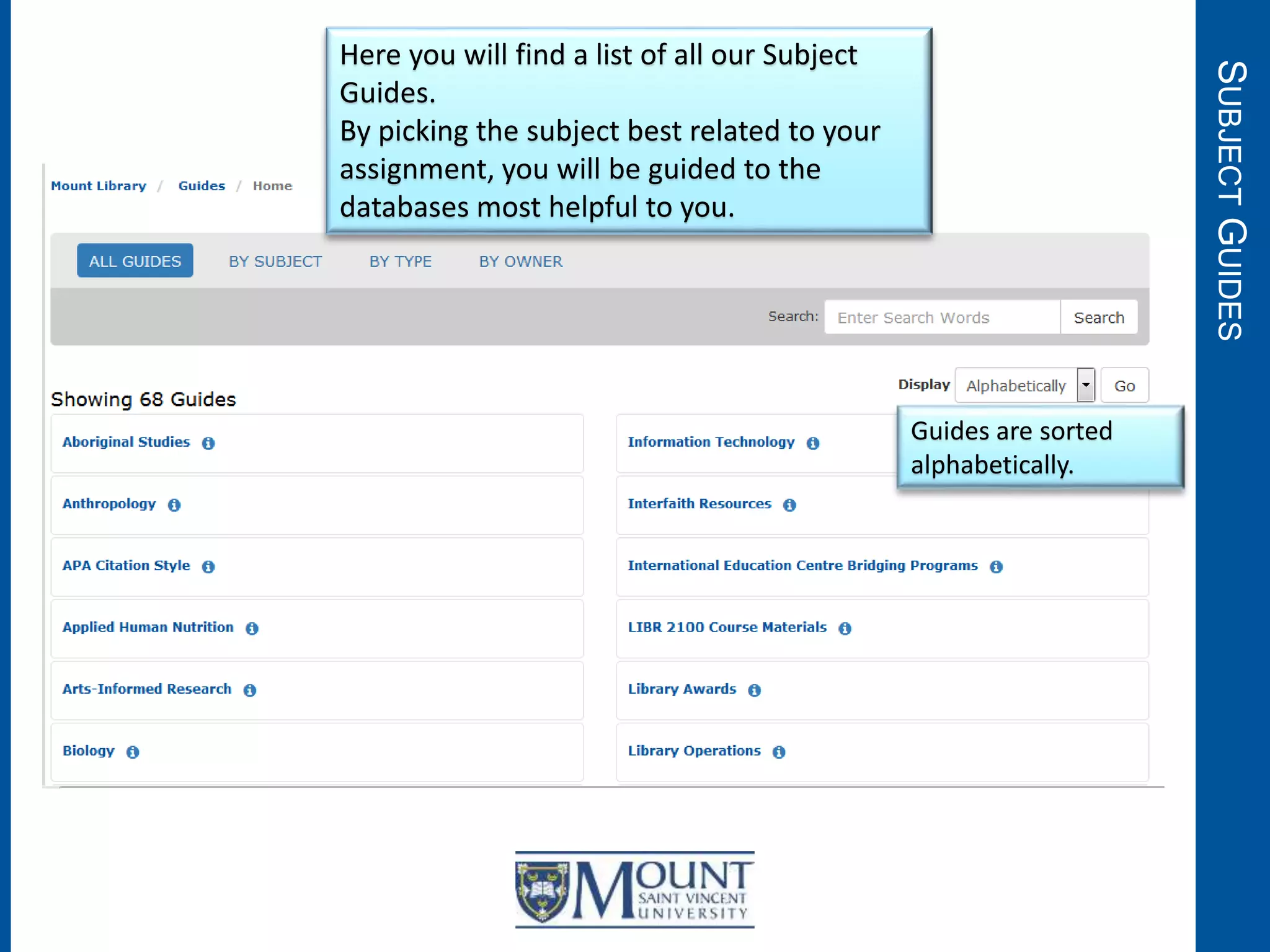 SUBJECTGUIDES
Here you will find a list of all our Subject
Guides.
By picking the subject best related to your
assignment, you will be guided to the
databases most helpful to you.
Guides are sorted
alphabetically.
 
