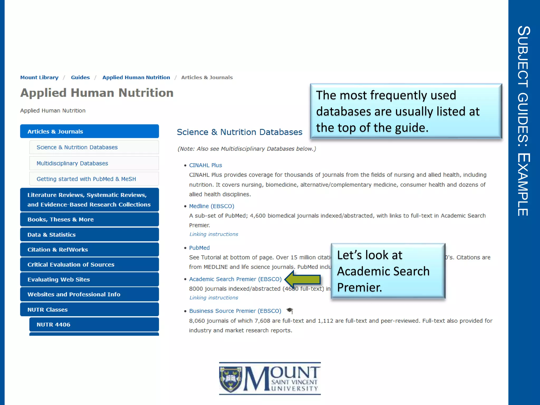 SUBJECTGUIDES:EXAMPLE
Let’s look at
Academic Search
Premier.
The most frequently used
databases are usually listed at
the top of the guide.
 
