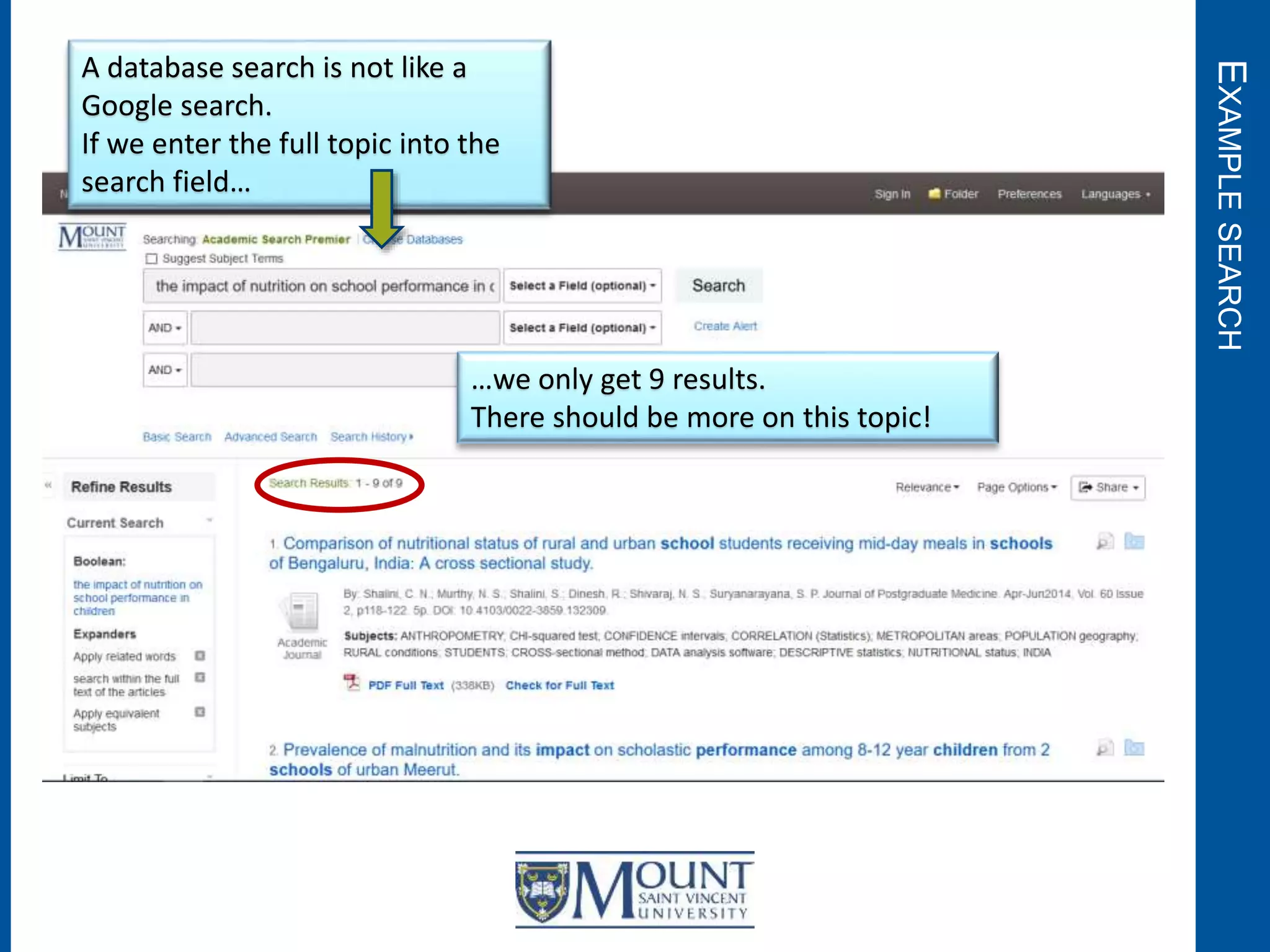EXAMPLESEARCH
A database search is not like a
Google search.
If we enter the full topic into the
search field…
…we only get 9 results.
There should be more on this topic!
 