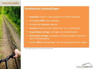 DOELSTELLINGEN

                 Kwalitatieve doelstellingen

                    Koppeling tussen e-mail database en klantendatabase
                    Verhoging traffic naar webshop
                    Verbetering structuur website
                    Inactieve klanten actief maken door ze te contacteren
                    Acquisitiepercentage: verhogen van aantal klanten
                    Retentiepercentage: campagne inactieve klanten motiveren
                     voor herhaalaankoop
                    Aantal offline inschrijvingen voor de nieuwsbrief doen stijgen

                 Percentages op basis van aantal verstuurde mails
 