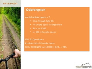 KPI’S & BUDGET


                  Opbrengsten

                 Aantal unieke opens = ?
                       Click-Through Rate 8%
                       = # unieke opens / # afgeleverd
                       8% = x / 8.500
                       x = 680 = # unieke opens


                 Click To Open Rate =
                 # unieke clicks / # unieke opens
                 680 / 2.800 (28% van 10.000) = 0,24… = 24%
 