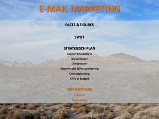 E-MAIL MARKETING
       FACTS & FIGURES


              SWOT

      STRATEGISCH PLAN
        Concurrentieanalyse
           Doelstellingen
            Doelgroepen
    Segmentatie & Personalisering
          Contactplanning
           KPI’s en Budget


        OPT-IN PROCES
              Evaluatie
            Aanbeveling
 