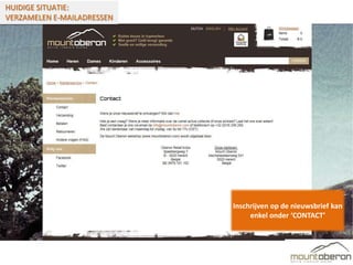 HUIDIGE SITUATIE:
VERZAMELEN E-MAILADRESSEN




                            Inschrijven op de nieuwsbrief kan
                                 enkel onder ‘CONTACT’
 