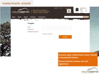 HUIDIGE SITUATIE: ACCOUNT




                            Account: geen onderscheid tussen nieuwe
                            en bestaande klanten
                            Nieuwe klanten kunnen zich niet
                            registreren
 