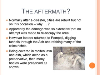 THE AFTERMATH? 
 Normally after a disaster, cities are rebuilt but not 
on this occasion – why … ? 
 Apparently the damage was so extensive that no 
attempt was made to re-occupy the area. 
 However looters returned to Pompeii, digging 
tunnels through the Ash and robbing many of the 
cities riches. 
 Being covered in molten lava 
and ash, which acted as a 
preservative, then many 
bodies were preserved as 
shown. 
 