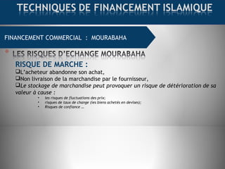 FINANCEMENT COMMERCIAL : MOURABAHA
RISQUE DE MARCHE :
L’acheteur abandonne son achat,
Non livraison de la marchandise par le fournisseur,
Le stockage de marchandise peut provoquer un risque de détérioration de sa
valeur à cause :
• les risques de fluctuations des prix;
• risques de taux de change (les biens achetés en devises);
• Risques de confiance …
 