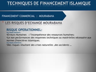 FINANCEMENT COMMERCIAL : MOURABAHA
RISQUE OPERATIONNEL:
Les risques intérieurs :
•Erreurs Humaines  : l’incompétence des ressources humaines;
•Le non performances des moyennes techniques ou matérielles nécessaire aux
normes financières islamiques.
Les risques extérieures :
•Des risques résultant des crises naturelles ,des accidents …
 
