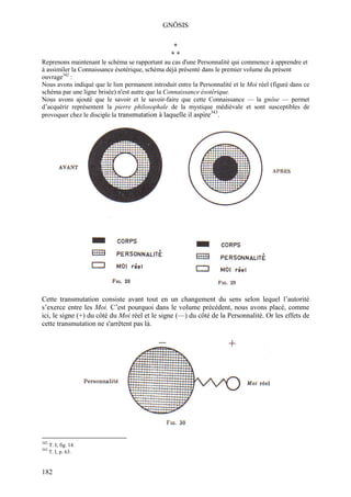 GNÖSIS

                                                 *
                                                 **
Reprenons maintenant le schéma se rapportant au cas d'une Personnalité qui commence à apprendre et
à assimiler la Connaissance ésotérique, schéma déjà présenté dans le premier volume du présent
ouvrage342 :
Nous avons indiqué que le lien permanent introduit entre la Personnalité et le Moi réel (figuré dans ce
schéma par une ligne brisée) n'est autre que la Connaissance ésotérique.
Nous avons ajouté que le savoir et le savoir-faire que cette Connaissance — la gnôse — permet
d’acquérir représentent la pierre philosophale de la mystique médiévale et sont susceptibles de
provoquer chez le disciple la transmutation à laquelle il aspire343.




Cette transmutation consiste avant tout en un changement du sens selon lequel l’autorité
s’exerce entre les Moi. C’est pourquoi dans le volume précédent, nous avons placé, comme
ici, le signe (+) du côté du Moi réel et le signe (—) du côté de la Personnalité. Or les effets de
cette transmutation ne s'arrêtent pas là.




342
      T. I, fig. 14.
343
      T. I, p. 63.


182
 