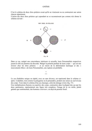 GNÖSIS

C'est le schéma de deux êtres polaires avant qu'ils ne s'unissent ou ne contractent une union
chacun séparément.
L'union des deux êtres polaires qui cependant ne se reconnaissent pas comme tels donne le
schéma suivant :




Dans ce cas, malgré une concordance intérieure et sexuelle, leurs Personnalités respectives
jouent le rôle de pommes de discorde. Malgré la polarité parfaite de leurs corps — qui est une
donnée chez les êtres polaires — et en raison de la déformation karmique et des «
mouvements libres » de leurs Personnalités, une rupture est probable.

                                              *
                                             **

Le cas d'adultère unique ou répété, avec ou sans divorce, est représenté dans le schéma ci-
après. L'adultère, tout comme la polygamie ou la polyandrie, produit une union au seul niveau
des corps. Voici dans le schéma d'un cas classique, celui du ménage à trois (fig. 37) :
Une multiplication d'unions incomplètes des corps, contractées dans la plupart des cas par les
deux partenaires, représenterait une figure très complexe, l'image de la vie réelle, plutôt
galante que sentimentale, des hommes extérieurs, en deçà du premier Seuil.




                                                                                          189
 