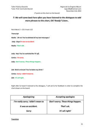 Taller Práctica Docente Reginade losÁngelesMoure
Tutor: Prof.CeciliaZemborain regis246@hotmail.com
November2nd,2015
21
(T points at the chart on the board)
T: We will come back here after you have listened to the dialogues to add
more phrases to this chart, Ok? Ready? Listen..
NextMove 2 – CD 3 track 3.22
Transcript
Nadia: Oh no! You’vedeleted all my text messages!
Jody: Oops!It was anaccident.
Nadia: That’s OK.
Jody: Hey! You’ve switchedthe TV off.
Carlos: I’m sorry.
Jody: Don’t worry. These things happen.
Zak: Waita minute! You’vetaken my drink !
Carlos: Sorry. I didn’tmeanto.
Zak: It’s all right.
Right after Ss haven’t listened to the dialogues, T will ask Ss for feedback in order to complete the
chart drawn onthe board.
Apologizing Accepting apologies
I’m really sorry. I didn’t mean to
It was an accident.
Sorry
Don’t worry. These things happen.
That’s ok.
It’s all right!
Transition
 