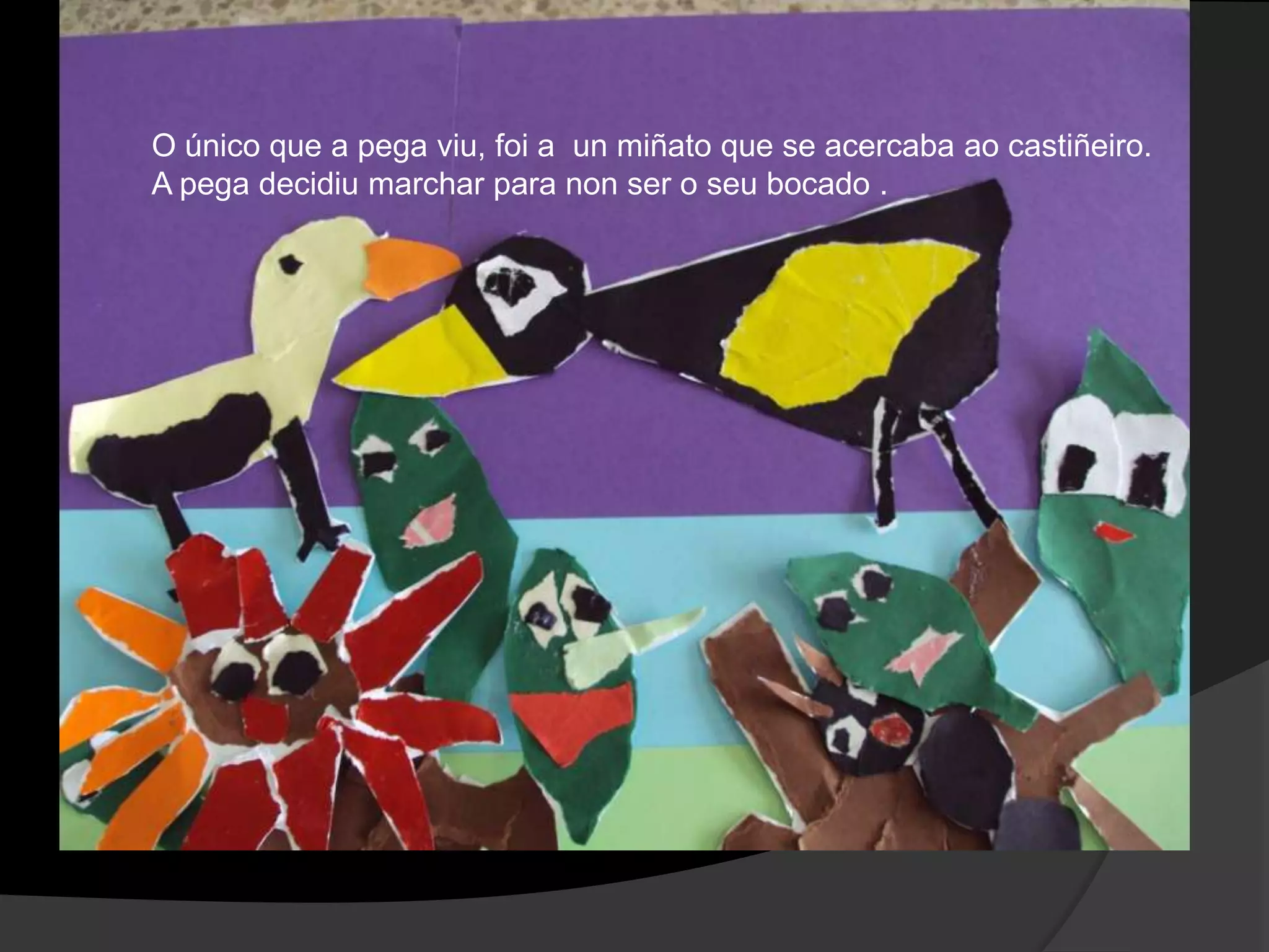 O único que a pega viu, foi a un miñato que se acercaba ao castiñeiro.
A pega decidiu marchar para non ser o seu bocado .

 