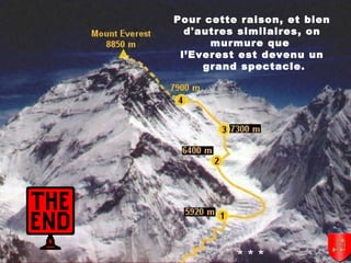 Pour cette raison, et bien
d'autres similaires, on
murmure que
l’Everest est devenu un
grand spectacle.
* * *
 