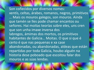 Son coñecidos por diversos nomes:
xentís, celtas, árabes, romanos, negros, primitivos
… Mais os mouros galegos, son mouros. Aínda
que tamén se lles pode chamar encantos ou
señores. Hai moitas teorías sobre eles, uns cren
que son unha imaxe inversa dos
labregos, ámimas dos mortos, os primitivos
habitantes de Galicia… Moitas. O que si que é
certo é que nas pequenas e xa case
abandonadas, ou abandonadas, aldeas que están
repartidas por toda Galicia, houbo alguén na
historia dese poboado que escoitou falar dos
mouros e as súas lendas.
 