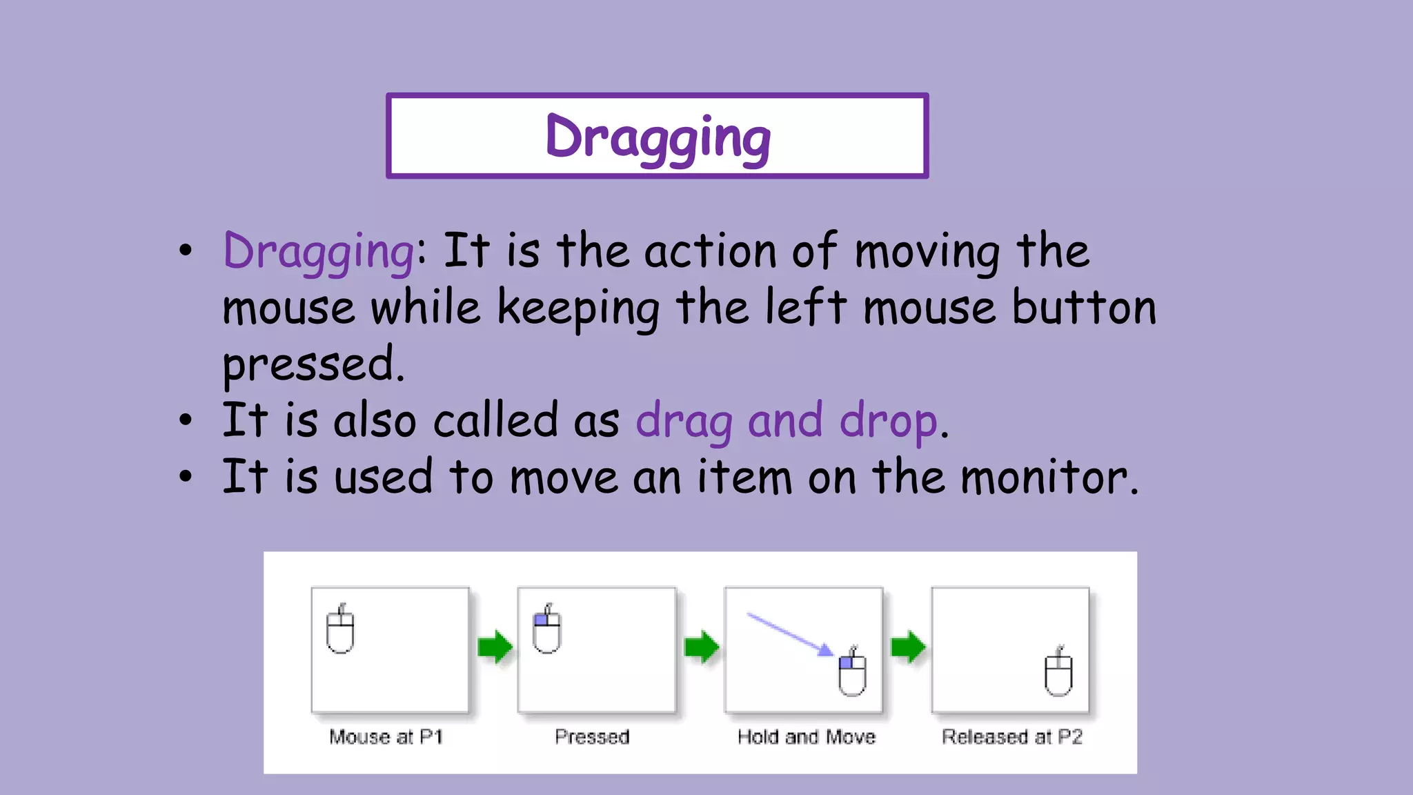 Dragging
• Dragging: It is the action of moving the
mouse while keeping the left mouse button
pressed.
• It is also called as drag and drop.
• It is used to move an item on the monitor.
 