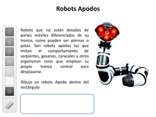 Robots ApodosRobots que no están dotados de partes móviles diferenciadas de su tronco, como pueden ser piernas o patas. Son robots apodos los que imitan el comportamiento de serpientes, gusanos, caracoles y otros organismos vivos que emplean su propio tronco central para desplazarse.Dibuja un robots Apodo dentro del rectángulo
