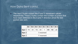 How Data Sent contd.

   The next 2 bytes contain the X and Y movement values,
    respectively. These 2 bytes contain the number of pulses that
    have been detected in the X and Y direction since the last
    packet was sent.
 