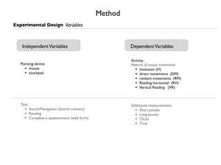 Method
Experimental Design Variables



    Independent Variables                             Dependent Variables

                                                      Activity
   Pointing device:                                   Patterns of mouse movements:
     • mouse                                             • hesitation (H)
     • touchpad                                          • direct movements (DM)
                                                         • random movements (RM)
                                                         • Reading horizontal (RH)
                                                         • Vertical Reading (VR)


   Task:                                              Additional measurements:
     • Search/Navigation (Search content)               • Short pauses
     • Reading                                          • Long pauses
     • Complete a questionnaire (web form)              • Clicks
                                                        • Time
 