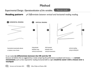 Method
Experimental Design: Operationalization of the variables                    Pilot-test results

Reading pattern                     Differentiate between vertical and horizontal reading reading.




In our study we differentiate between the HR and the VR
because we believe that as suggested by a study comparing the performance touchpad and mouse [11,12] certain
movements, such as that required for reading horizontal (left to right) would be easier with a mouse over a
touchpad.

 11   Hertzum and Hornbaek, 2010   12   Dillen, Phillips and Meehan, 2005
 