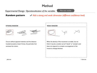 Method
Experimental Design: Operationalization of the variables    Pilot-test results

Random pattern                Add a strong and weak dimension (different conﬁdence level)




 pilot test                                                                         + ﬁnal test
 