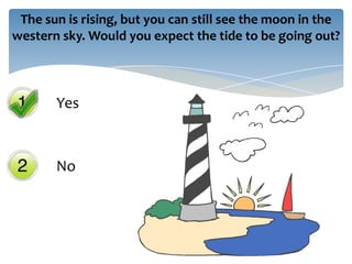 The sun is rising, but you can still see the moon in the
western sky. Would you expect the tide to be going out?



       Yes



       No
 