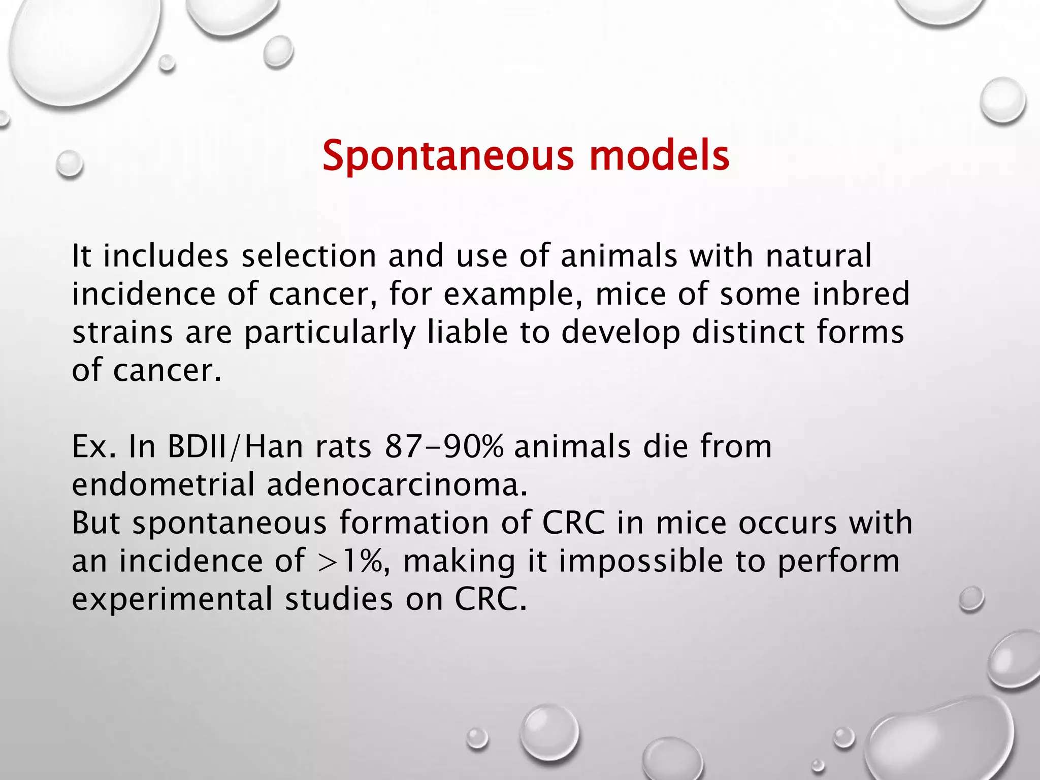 Spontaneous models
It includes selection and use of animals with natural
incidence of cancer, for example, mice of some inbred
strains are particularly liable to develop distinct forms
of cancer.
Ex. In BDII/Han rats 87-90% animals die from
endometrial adenocarcinoma.
But spontaneous formation of CRC in mice occurs with
an incidence of >1%, making it impossible to perform
experimental studies on CRC.
 