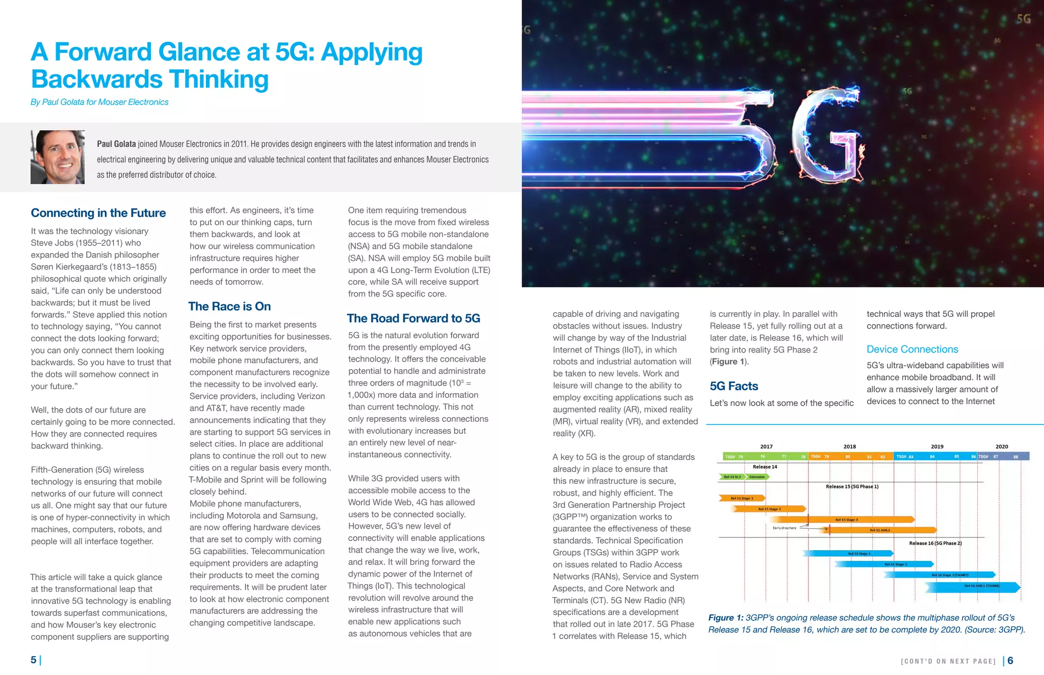 5 | | 6
A Forward Glance at 5G: Applying
Backwards Thinking
By Paul Golata for Mouser Electronics
Connecting in the Future
It was the technology visionary
Steve Jobs (1955–2011) who
expanded the Danish philosopher
Søren Kierkegaard’s (1813–1855)
philosophical quote which originally
said, “Life can only be understood
backwards; but it must be lived
forwards.” Steve applied this notion
to technology saying, “You cannot
connect the dots looking forward;
you can only connect them looking
backwards. So you have to trust that
the dots will somehow connect in
your future.”
Well, the dots of our future are
certainly going to be more connected.
How they are connected requires
backward thinking.
Fifth-Generation (5G) wireless
technology is ensuring that mobile
networks of our future will connect
us all. One might say that our future
is one of hyper-connectivity in which
machines, computers, robots, and
people will all interface together.
This article will take a quick glance
at the transformational leap that
innovative 5G technology is enabling
towards superfast communications,
and how Mouser’s key electronic
component suppliers are supporting
this effort. As engineers, it’s time
to put on our thinking caps, turn
them backwards, and look at
how our wireless communication
infrastructure requires higher
performance in order to meet the
needs of tomorrow.
The Race is On
Being the first to market presents
exciting opportunities for businesses.
Key network service providers,
mobile phone manufacturers, and
component manufacturers recognize
the necessity to be involved early.
Service providers, including Verizon
and AT&T, have recently made
announcements indicating that they
are starting to support 5G services in
select cities. In place are additional
plans to continue the roll out to new
cities on a regular basis every month.
T-Mobile and Sprint will be following
closely behind.
Mobile phone manufacturers,
including Motorola and Samsung,
are now offering hardware devices
that are set to comply with coming
5G capabilities. Telecommunication
equipment providers are adapting
their products to meet the coming
requirements. It will be prudent later
to look at how electronic component
manufacturers are addressing the
changing competitive landscape.
One item requiring tremendous
focus is the move from fixed wireless
access to 5G mobile non-standalone
(NSA) and 5G mobile standalone
(SA). NSA will employ 5G mobile built
upon a 4G Long-Term Evolution (LTE)
core, while SA will receive support
from the 5G specific core.
The Road Forward to 5G
5G is the natural evolution forward
from the presently employed 4G
technology. It offers the conceivable
potential to handle and administrate
three orders of magnitude (103
=
1,000x) more data and information
than current technology. This not
only represents wireless connections
with evolutionary increases but
an entirely new level of near-
instantaneous connectivity.
While 3G provided users with
accessible mobile access to the
World Wide Web, 4G has allowed
users to be connected socially.
However, 5G’s new level of
connectivity will enable applications
that change the way we live, work,
and relax. It will bring forward the
dynamic power of the Internet of
Things (IoT). This technological
revolution will revolve around the
wireless infrastructure that will
enable new applications such
as autonomous vehicles that are
[ C O N T ’ D O N N E X T P A G E ]
Paul Golata joined Mouser Electronics in 2011. He provides design engineers with the latest information and trends in
electrical engineering by delivering unique and valuable technical content that facilitates and enhances Mouser Electronics
as the preferred distributor of choice.
capable of driving and navigating
obstacles without issues. Industry
will change by way of the Industrial
Internet of Things (IIoT), in which
robots and industrial automation will
be taken to new levels. Work and
leisure will change to the ability to
employ exciting applications such as
augmented reality (AR), mixed reality
(MR), virtual reality (VR), and extended
reality (XR).
A key to 5G is the group of standards
already in place to ensure that
this new infrastructure is secure,
robust, and highly efficient. The
3rd Generation Partnership Project
(3GPP™) organization works to
guarantee the effectiveness of these
standards. Technical Specification
Groups (TSGs) within 3GPP work
on issues related to Radio Access
Networks (RANs), Service and System
Aspects, and Core Network and
Terminals (CT). 5G New Radio (NR)
specifications are a development
that rolled out in late 2017. 5G Phase
1 correlates with Release 15, which
is currently in play. In parallel with
Release 15, yet fully rolling out at a
later date, is Release 16, which will
bring into reality 5G Phase 2
(Figure 1).
5G Facts
Let’s now look at some of the specific
technical ways that 5G will propel
connections forward.
Device Connections
5G’s ultra-wideband capabilities will
enhance mobile broadband. It will
allow a massively larger amount of
devices to connect to the Internet
Figure 1: 3GPP’s ongoing release schedule shows the multiphase rollout of 5G’s
Release 15 and Release 16, which are set to be complete by 2020. (Source: 3GPP).
[ C O N T ’ D O N N E X T P A G E ]
 