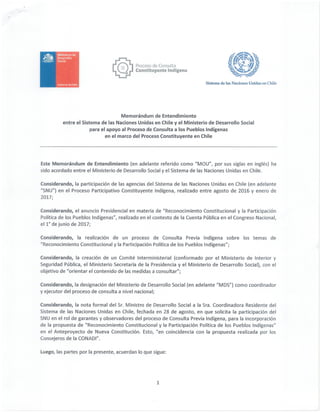 Descarga acá el Memorándum de Entendimiento entre el Sistema de las Naciones Unidas en Chile y el Ministerio de Desarrollo Social para el apoyo al Proceso de Consulta a los Pueblos Indígenas en el marco del Proceso Constituyente en Chile.