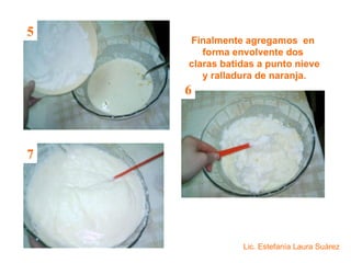 Finalmente agregamos en forma envolvente dos claras batidas a punto nieve y ralladura de naranja. 5 6 7 Lic. Estefanía Laura Suárez