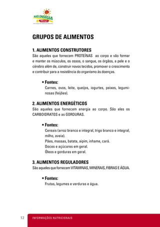 GRUPOS DE ALIMENTOS

     1. ALIMENTOS CONSTRUTORES
     São aqueles que fornecem PROTEÍNAS ao corpo e vão formar
     e manter os músculos, os ossos, o sangue, os órgãos, a pele e o
     cérebro além de, construir novos tecidos, promover o crescimento
     e contribuir para a resistência do organismo às doenças.

            • Fontes:
               Carnes, ovos, leite, queijos, iogurtes, peixes, legumi-
               nosas (feijões).

     2. ALIMENTOS ENERGÉTICOS
     São aqueles que fornecem energia ao corpo. São eles os
     CARBOIDRATOS e as GORDURAS.

            • Fontes:
               Cereais (arroz branco e integral, trigo branco e integral,
               milho, aveia).
               Pães, massas, batata, aipim, inhame, cará.
               Doces e açúcares em geral.
               Óleos e gorduras em geral.

     3. ALIMENTOS REGULADORES
     São aqueles que fornecem VITAMINAS, MINERAIS, FIBRAS E ÁGUA.

            • Fontes:
               Frutas, legumes e verduras e água.




12   I N F O R M A Ç Õ ES NUTRICIONAIS
 