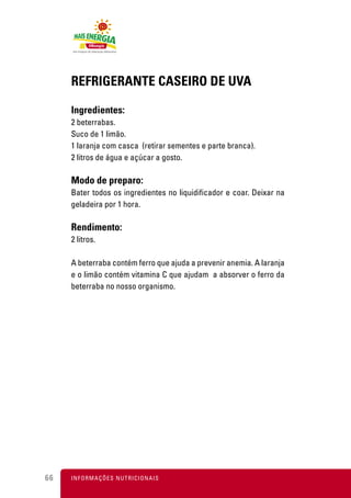 REFRIGERANTE CASEIRO DE UVA

     Ingredientes:
     2 beterrabas.
     Suco de 1 limão.
     1 laranja com casca (retirar sementes e parte branca).
     2 litros de água e açúcar a gosto.

     Modo de preparo:
     Bater todos os ingredientes no liquidificador e coar. Deixar na
     geladeira por 1 hora.

     Rendimento:
     2 litros.

     A beterraba contém ferro que ajuda a prevenir anemia. A laranja
     e o limão contém vitamina C que ajudam a absorver o ferro da
     beterraba no nosso organismo.




66   I N F O R M A Ç Õ ES NUTRICIONAIS
 
