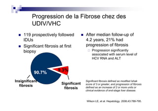Progression de la Fibrose chez des
          UDIV/VHC
     119 prospectively followed         After median follow-up of
     IDUs                               4.2 years, 21% had
     Significant fibrosis at first      progression of fibrosis
     biopsy                                  Progression significantly
                                             associated with serum level of
                                             HCV RNA and ALT


                        9.3%
           90.7%
Insignificant                           Significant fibrosis defined as modified Ishak
                          Significant   score of 3 or greater, and progression of fibrosis
  fibrosis                              defined as an increase of 2 or more units or
                           fibrosis
                                        clinical evidence of end-stage liver disease.



                                        Wilson LE, et al. Hepatology. 2006;43:788-795.
 