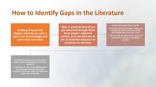 How to Identify Gaps in the Literature
Reading through this
chapter will help you gain a
gain a lot of knowledge and
and create new ideas
Also, it would be best if you
you observed through these
these papers' reference
section, as it can lead you to
you to essential resources on
resources on the topic
MAKE YOUR QUESTIONS A NOTE:
.It is a good idea to remember reading any
reading any written literature all the
the problems that cross your mind.
. You can map the query to the resource it
resource it is centred on, if possible.
possible.
To maintain a record, you can use tables,
tables, charts, photographs, or software.
software.
In the long run, this will benefit you when
you when you turn your idea into a
research issue or even when you write your
write your manuscript.
 