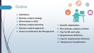 Outline
1. Definitions
2. Business analyst strategy
3. BA Activities in SDLC
4. Business analysis planning
5. Business analysis approach
6. Factors to determine the BA approach
7. Identify stakeholders
8. Plan business analysis activities
9. Tips for BA work plan
10.Requirements definition
11.Tips for requirements definition
12. Requirement classifications
 