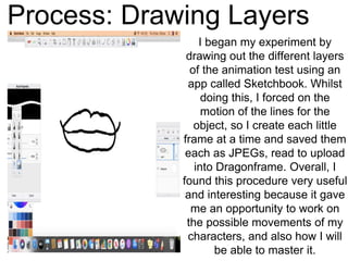 Process: Drawing Layers
I began my experiment by
drawing out the different layers
of the animation test using an
app called Sketchbook. Whilst
doing this, I forced on the
motion of the lines for the
object, so I create each little
frame at a time and saved them
each as JPEGs, read to upload
into Dragonframe. Overall, I
found this procedure very useful
and interesting because it gave
me an opportunity to work on
the possible movements of my
characters, and also how I will
be able to master it.
 