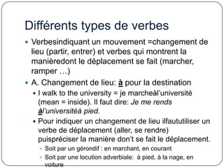 Différents types de verbes
 Verbesindiquant un mouvement =changement de

lieu (partir, entrer) et verbes qui montrent la
manièredont le déplacement se fait (marcher,
ramper …)
 A. Changement de lieu: à pour la destination
 I walk to the university = je marcheàl’université

(mean = inside). Il faut dire: Je me rends
àl’universitéà pied.
 Pour indiquer un changement de lieu ilfaututiliser un
verbe de déplacement (aller, se rendre)
puispréciser la manière don’t se fait le déplacement.
 Soit par un gérondif : en marchant, en courant
 Soit par une locution adverbiale: à pied, à la nage, en

voiture

 