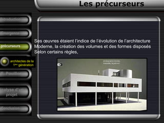 Ses œuvres étaient l’indice de l’évolution de l’architecture
Moderne, la création des volumes et des formes disposés
Selon certains règles,
Conclusion
Les précurseurs
Tendances
F. Pouillon
Analyse d’un
projet
Introduction
Emergence
précurseurs
architectes de la
1ère
génération
 